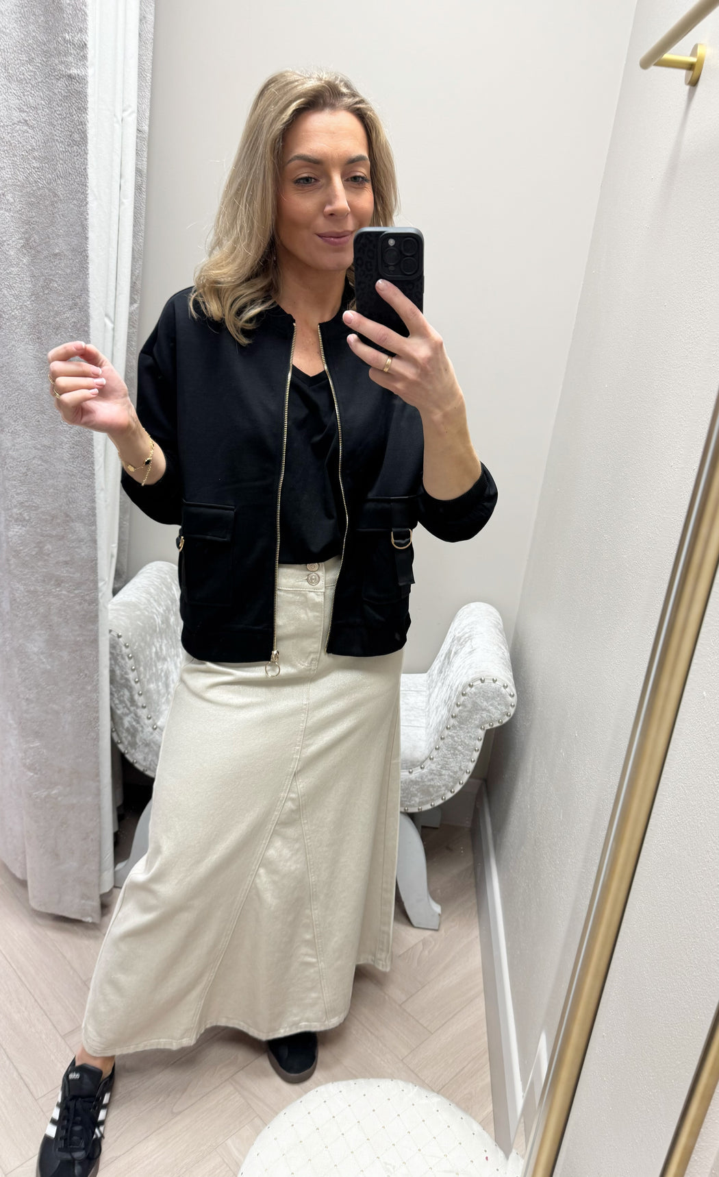 Carrie gold shimmer denim maxi skirt