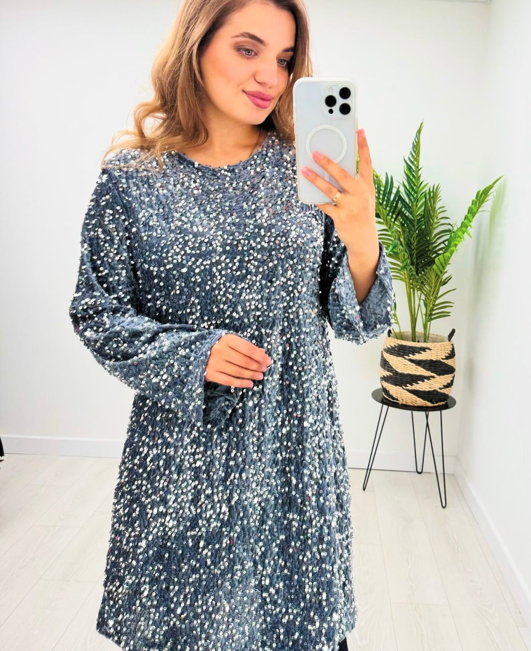 Silver sequin bow back dress