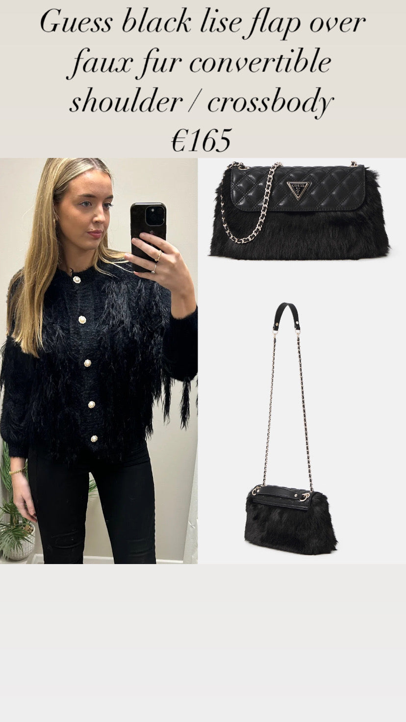 Guess black lise flap over faux fur convertible shoulder / crossbody
