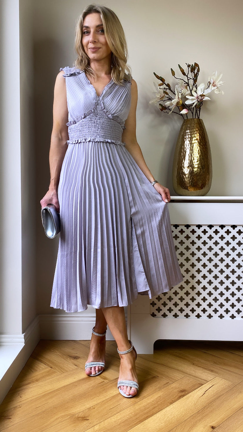 Lilac Grey Plunge Front Pleated Midi Dress