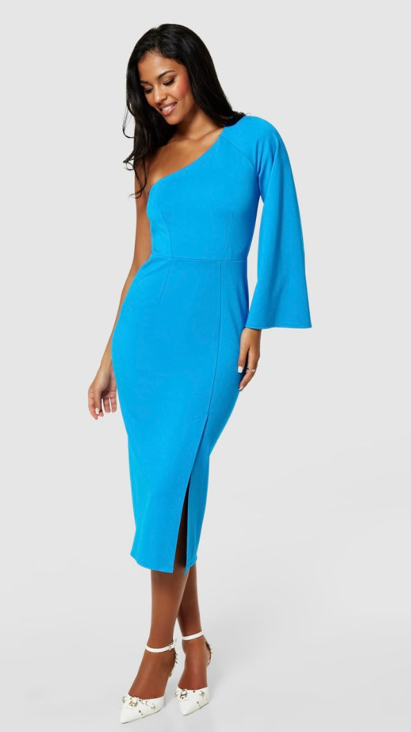 Jd10254 AQUA ONE SHOULDER PENCIL DRESS