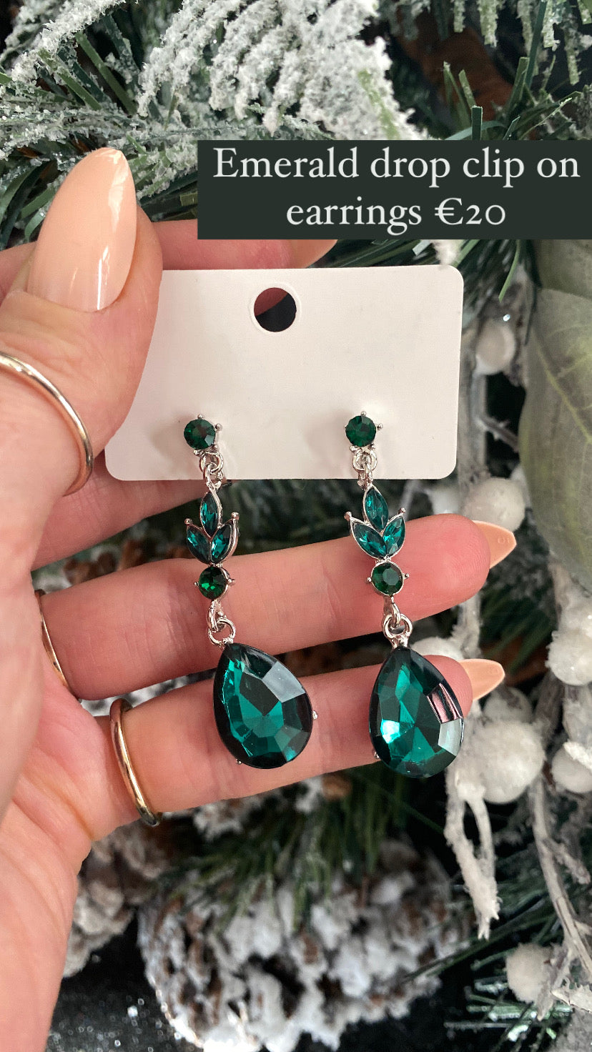 Emerald drop clip on earrings