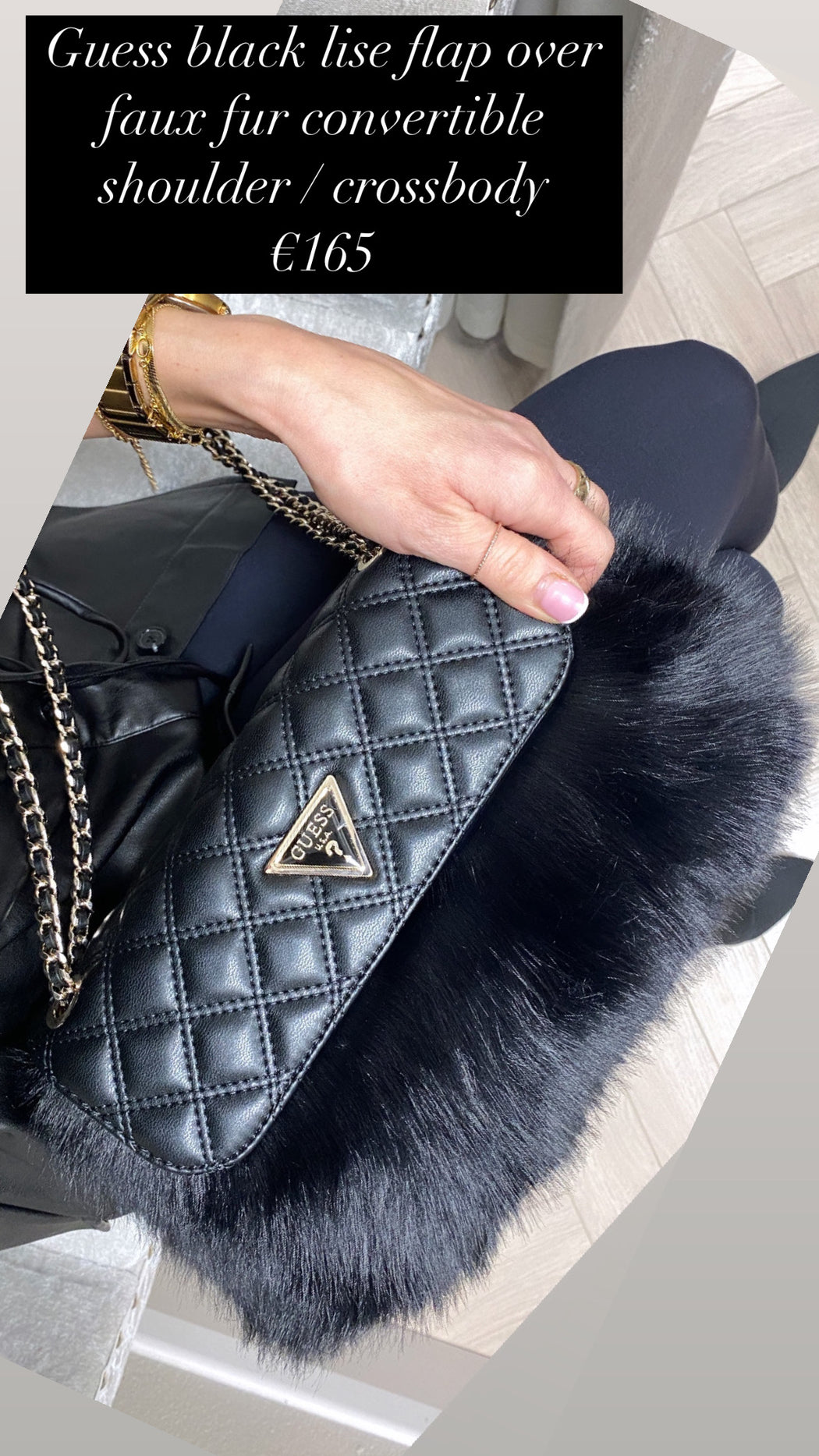Guess black lise flap over faux fur convertible shoulder / crossbody