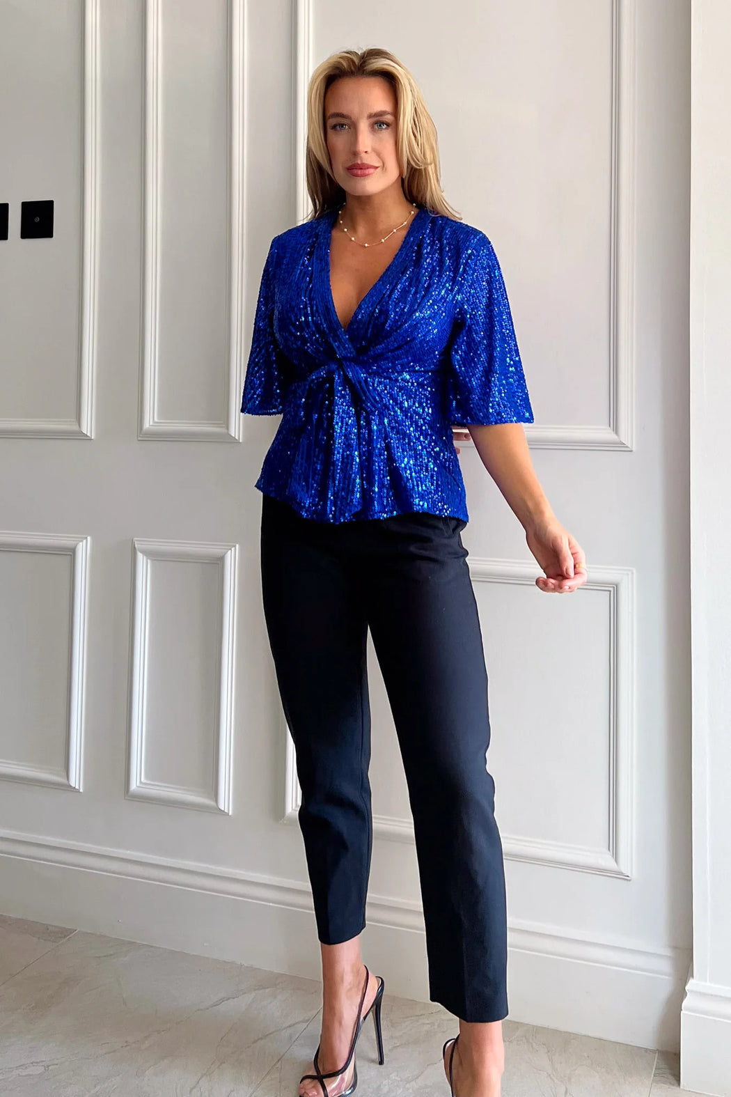 Brooke Cobalt Sequin Wrap Detail Top