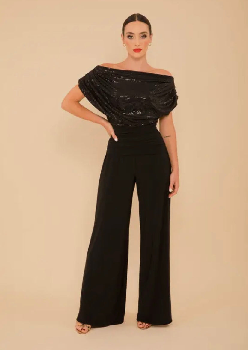 Black sparkle Atom label carbon jersey jumpsuit