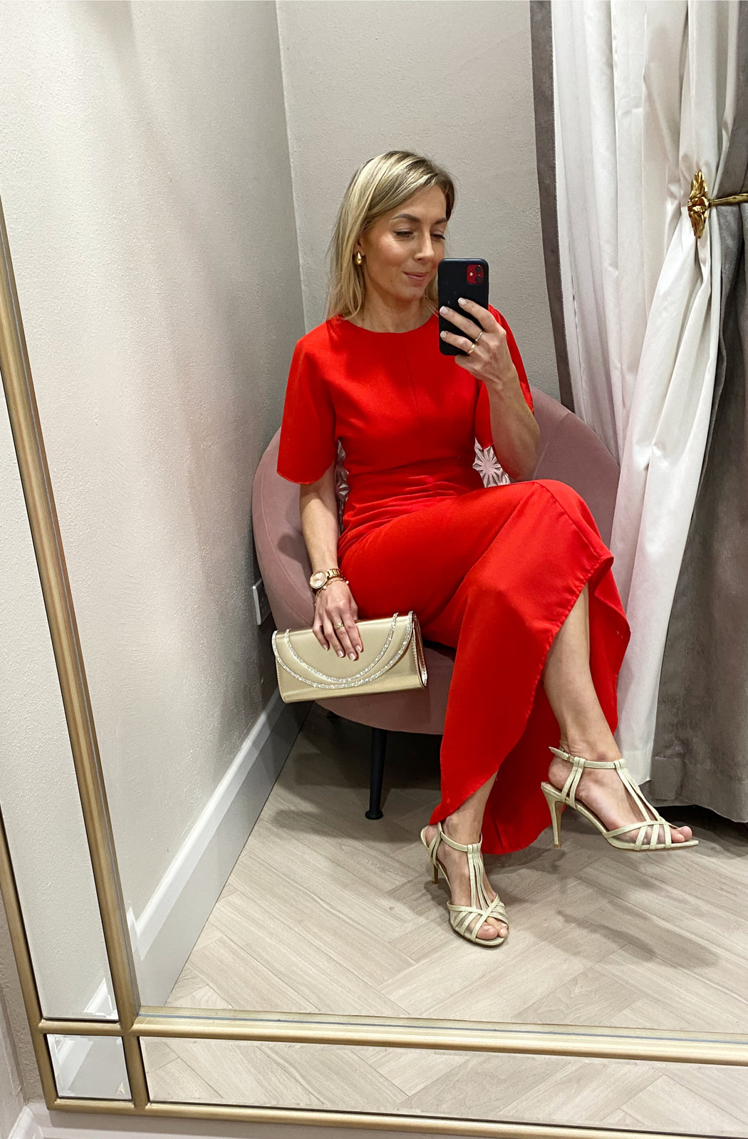 Cleo Red Ruched Detail Midi Dress