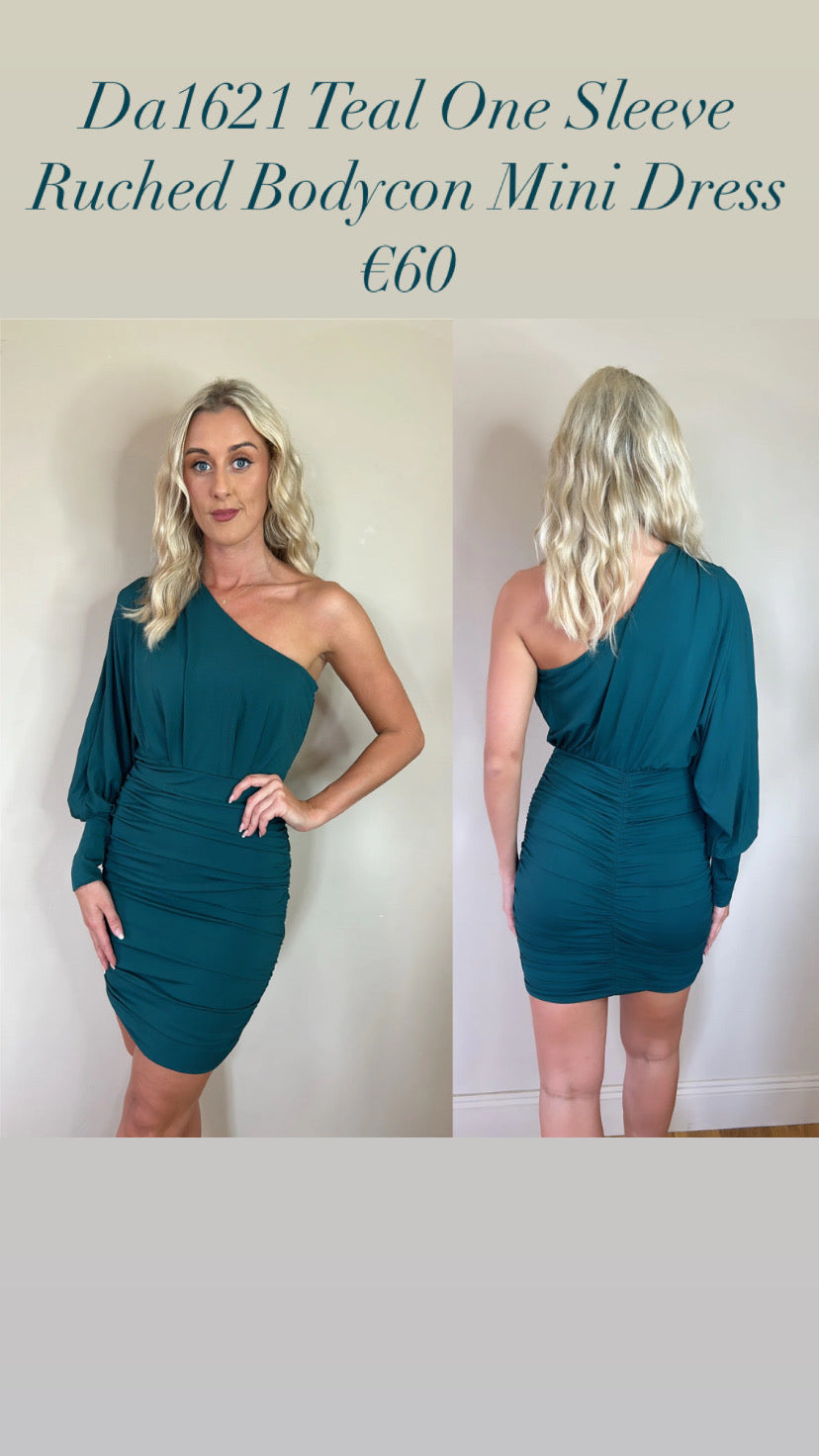 Da1621 Teal One Sleeve Ruched Bodycon Mini Dress