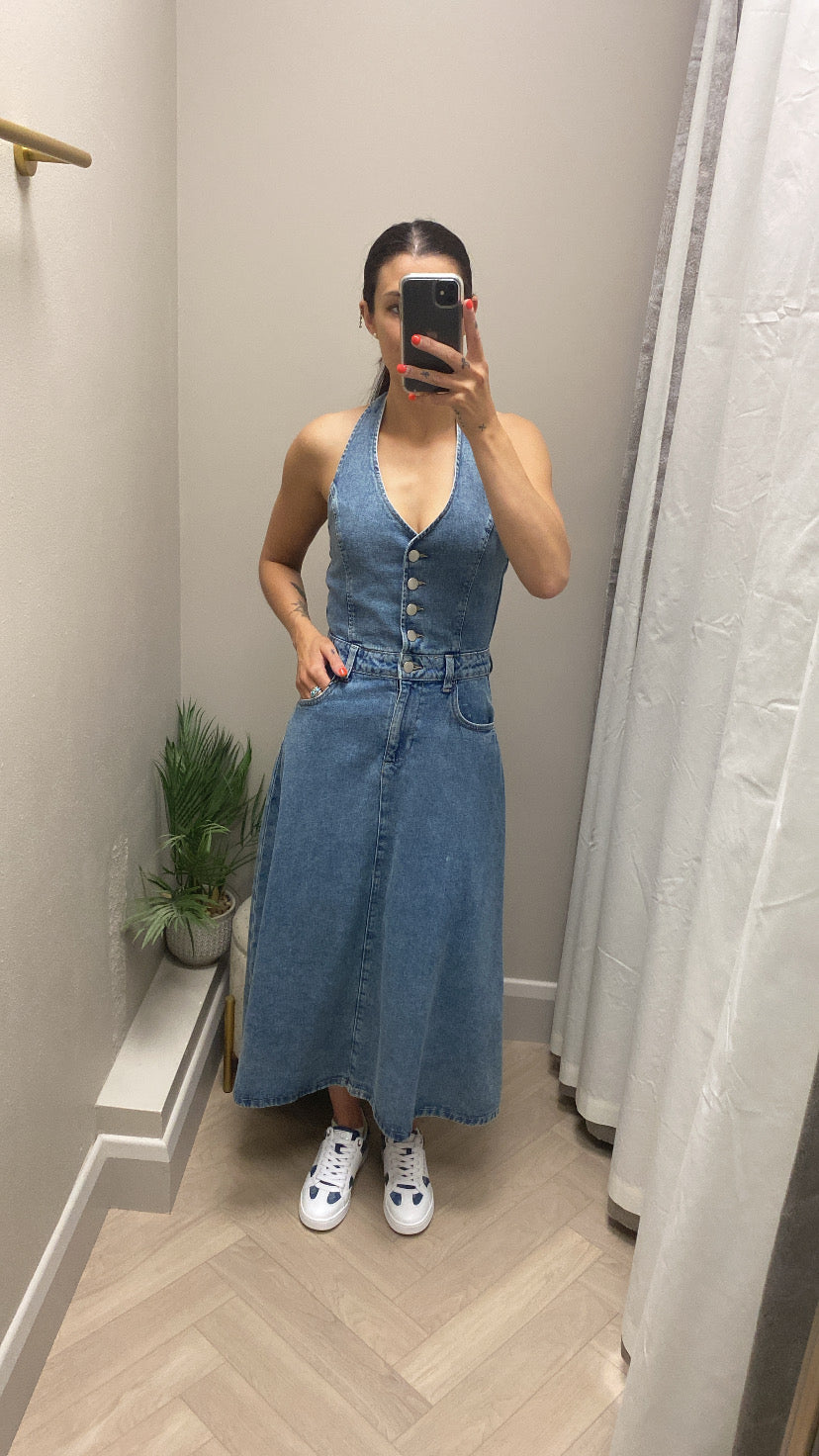 Brelle halter denim dress