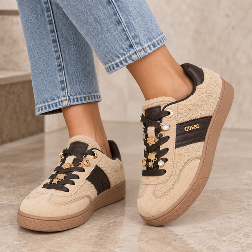Guess beige teddy trainers flfn3afur12