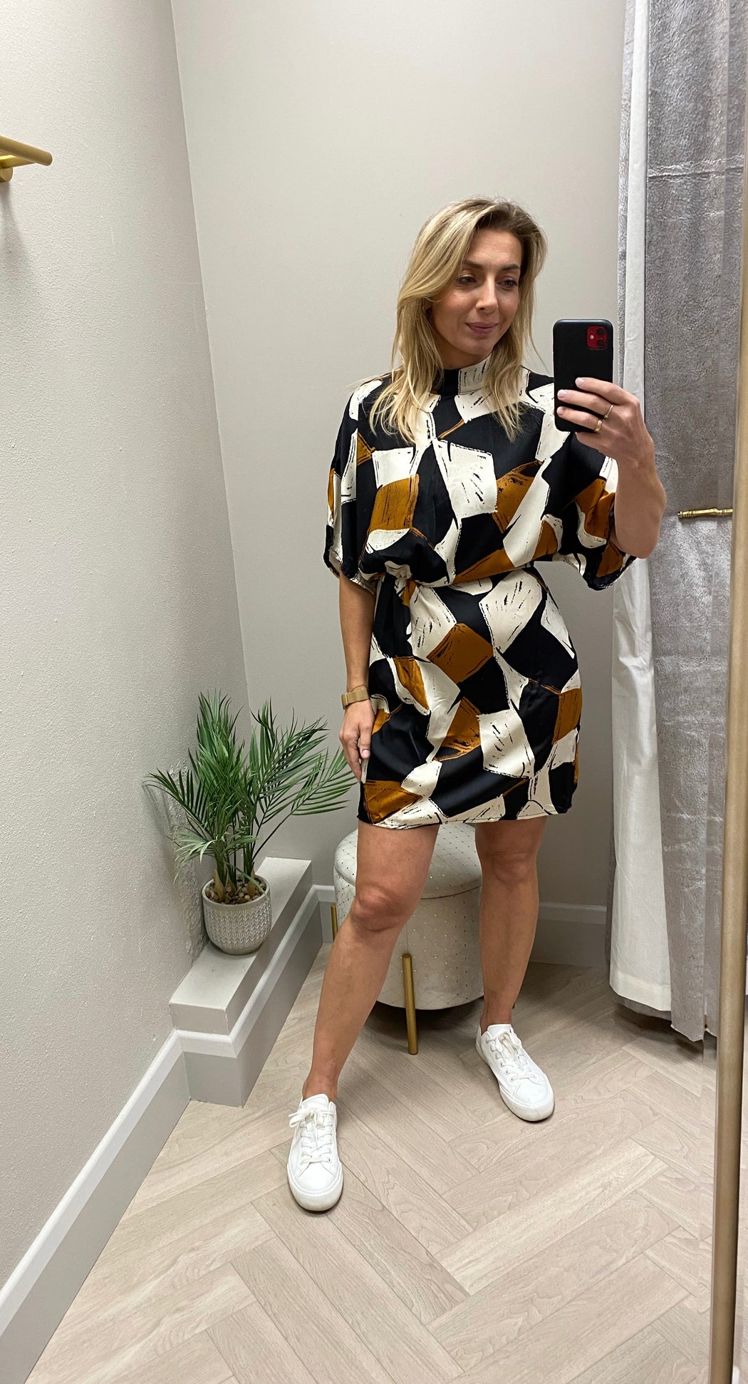 Da1861 Multi Geometric Print High Neck Mini Dress