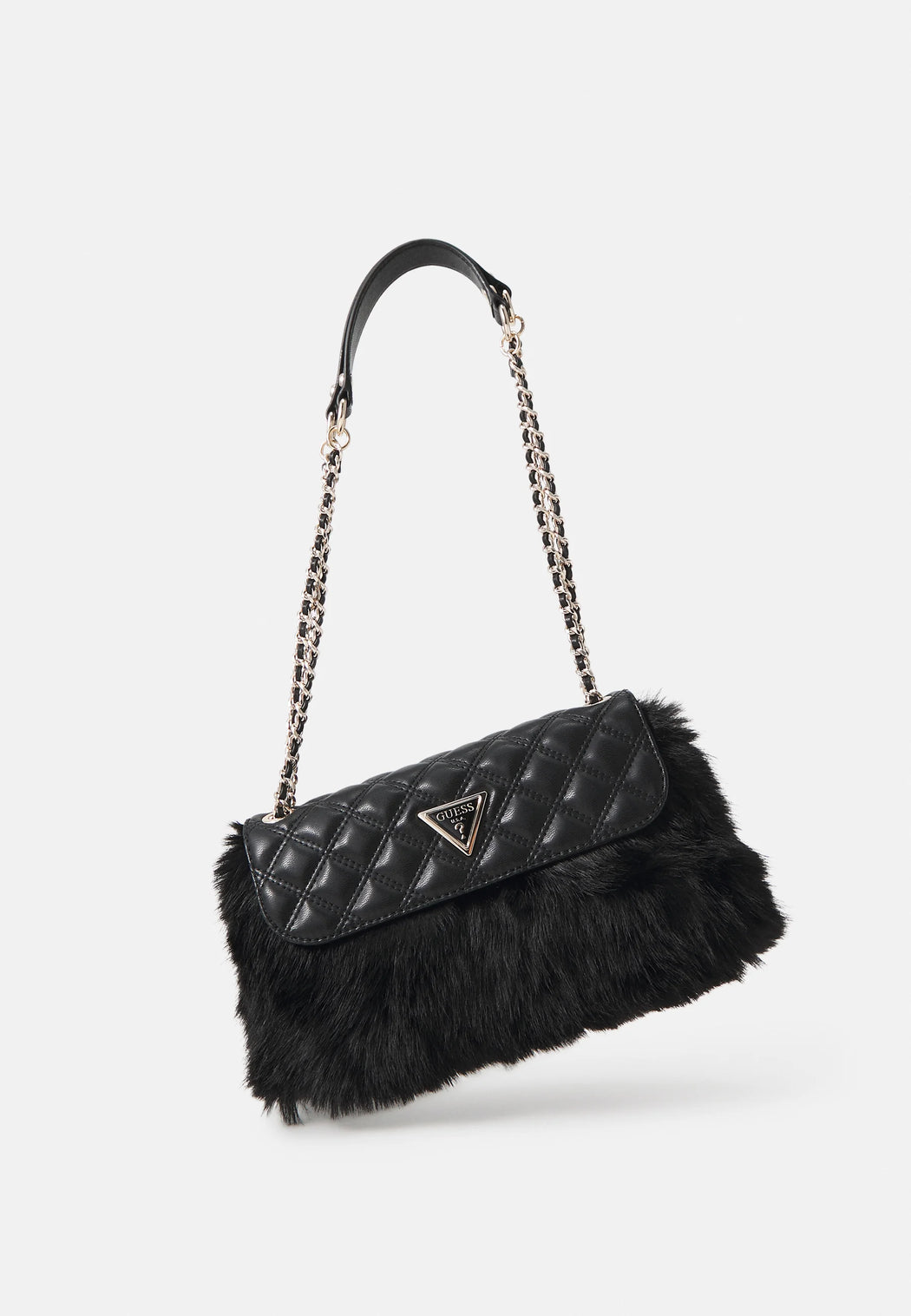 Guess black lise flap over faux fur convertible shoulder / crossbody