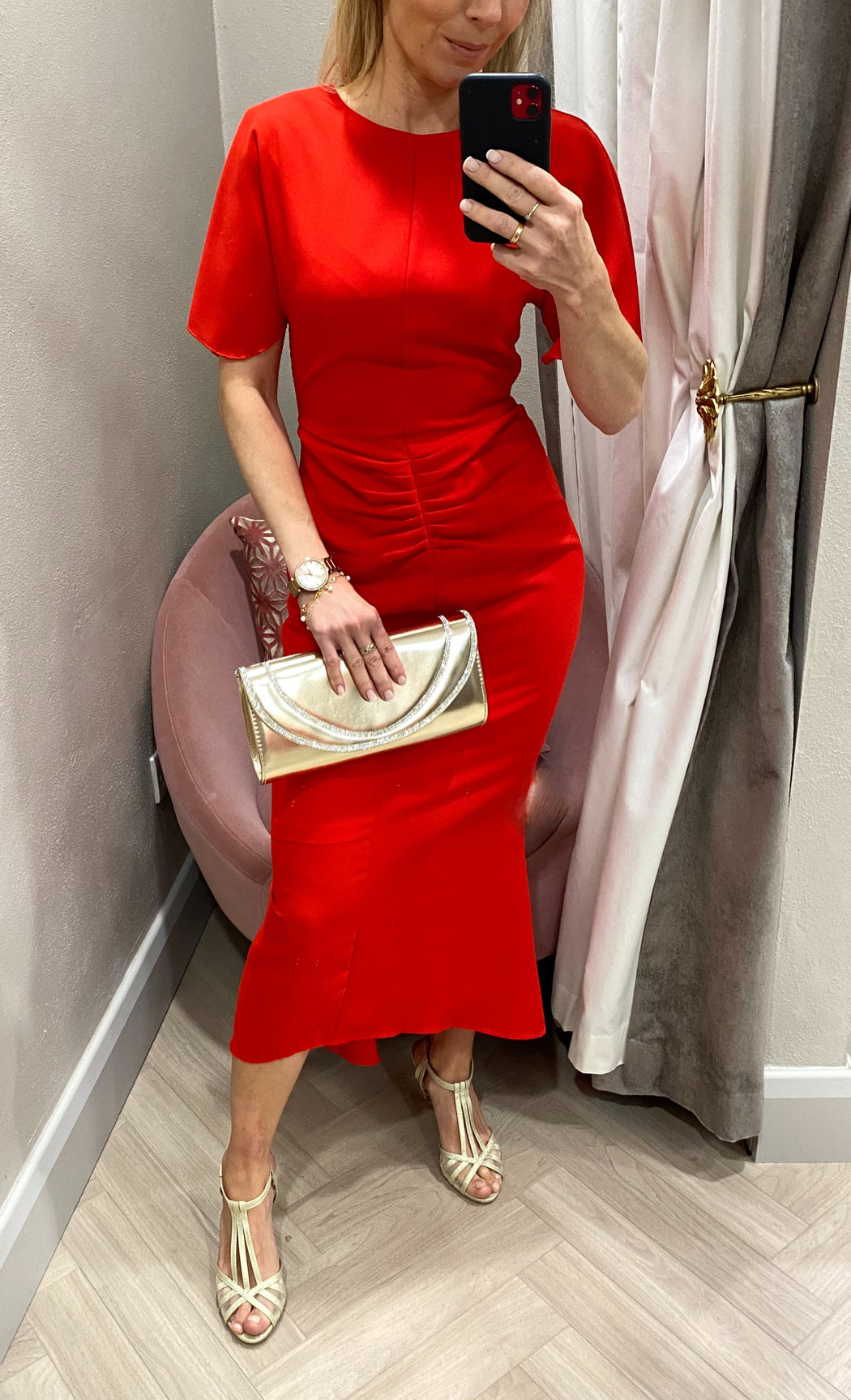 Cleo Red Ruched Detail Midi Dress