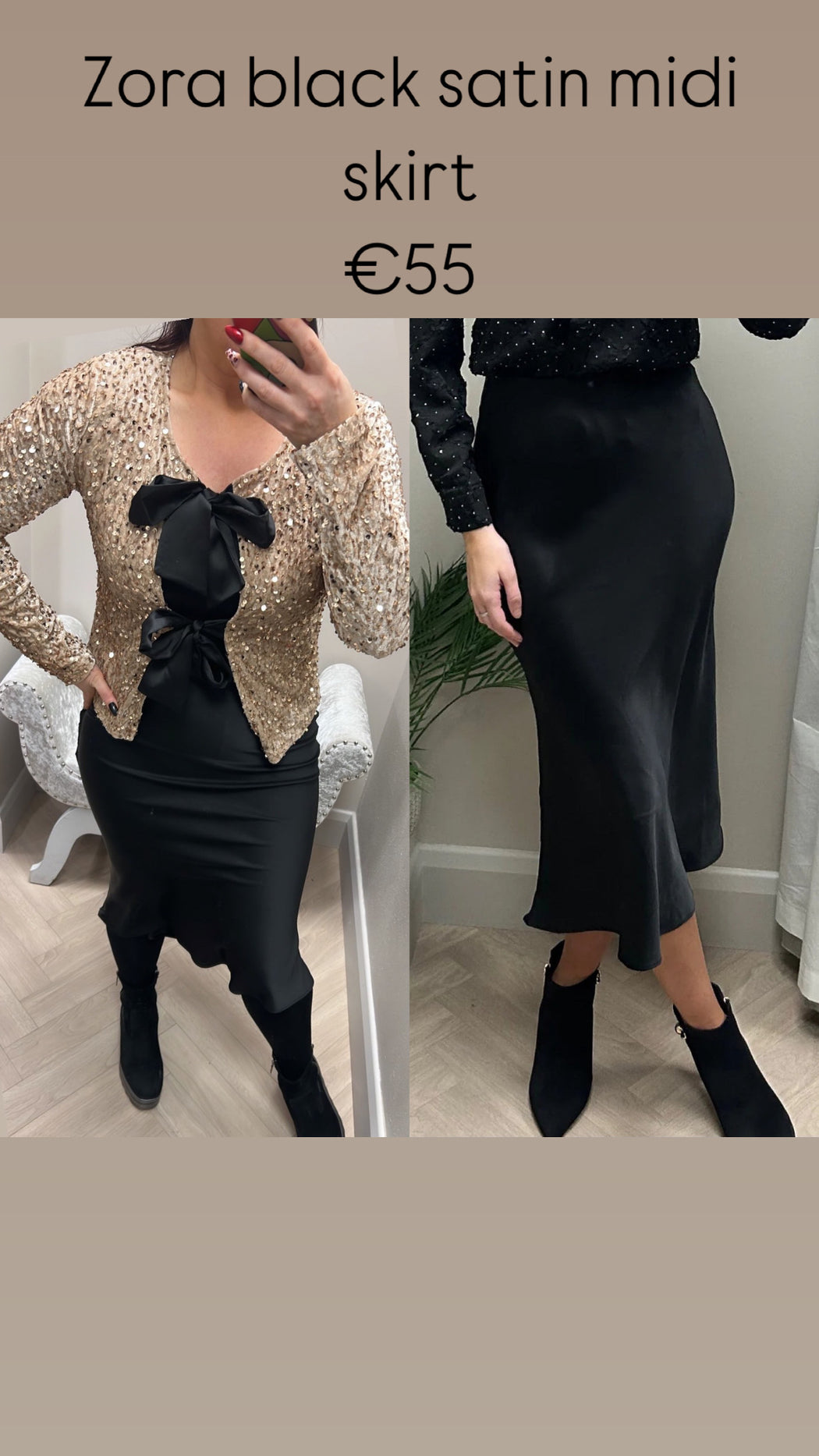 Zora black satin midi skirt