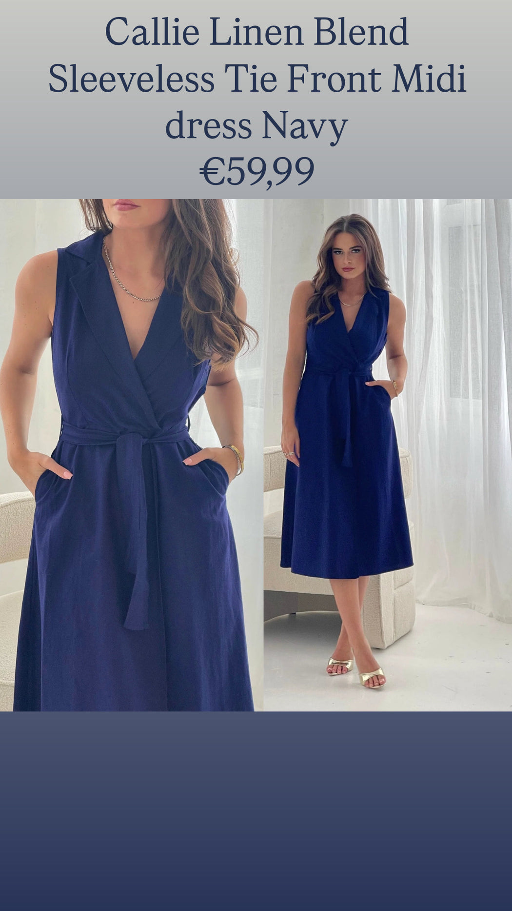 Callie Linen Blend Sleeveless Tie Front Midi dress Navy