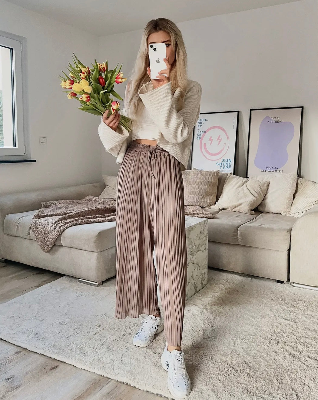 Kiss mocha pleated elasticated trousers