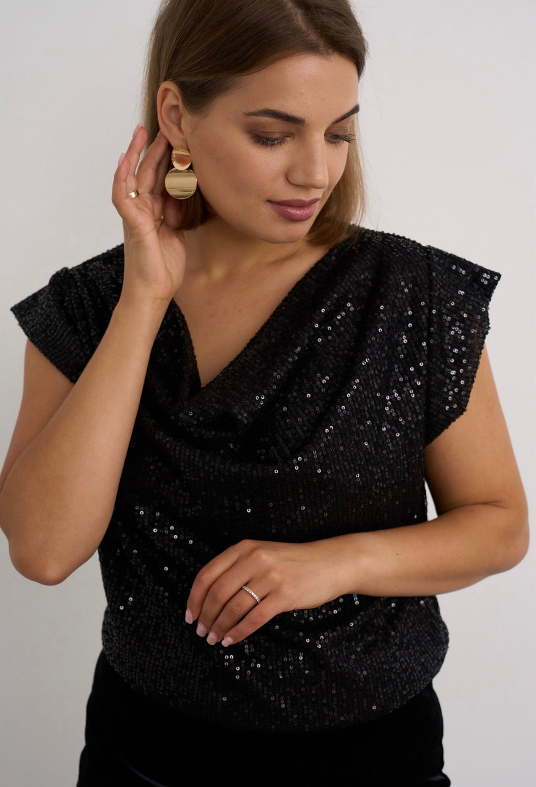Black sequin cowl neck top