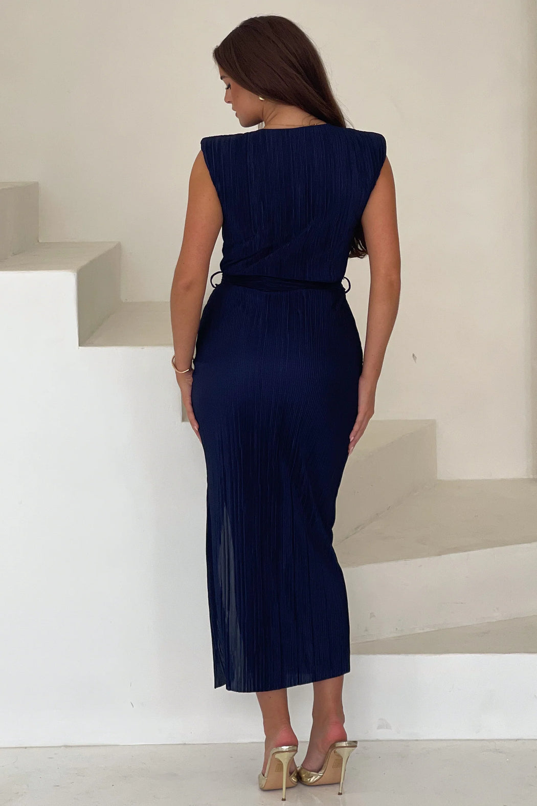 Elena navy ruched  Seamed Midi Dress Baby