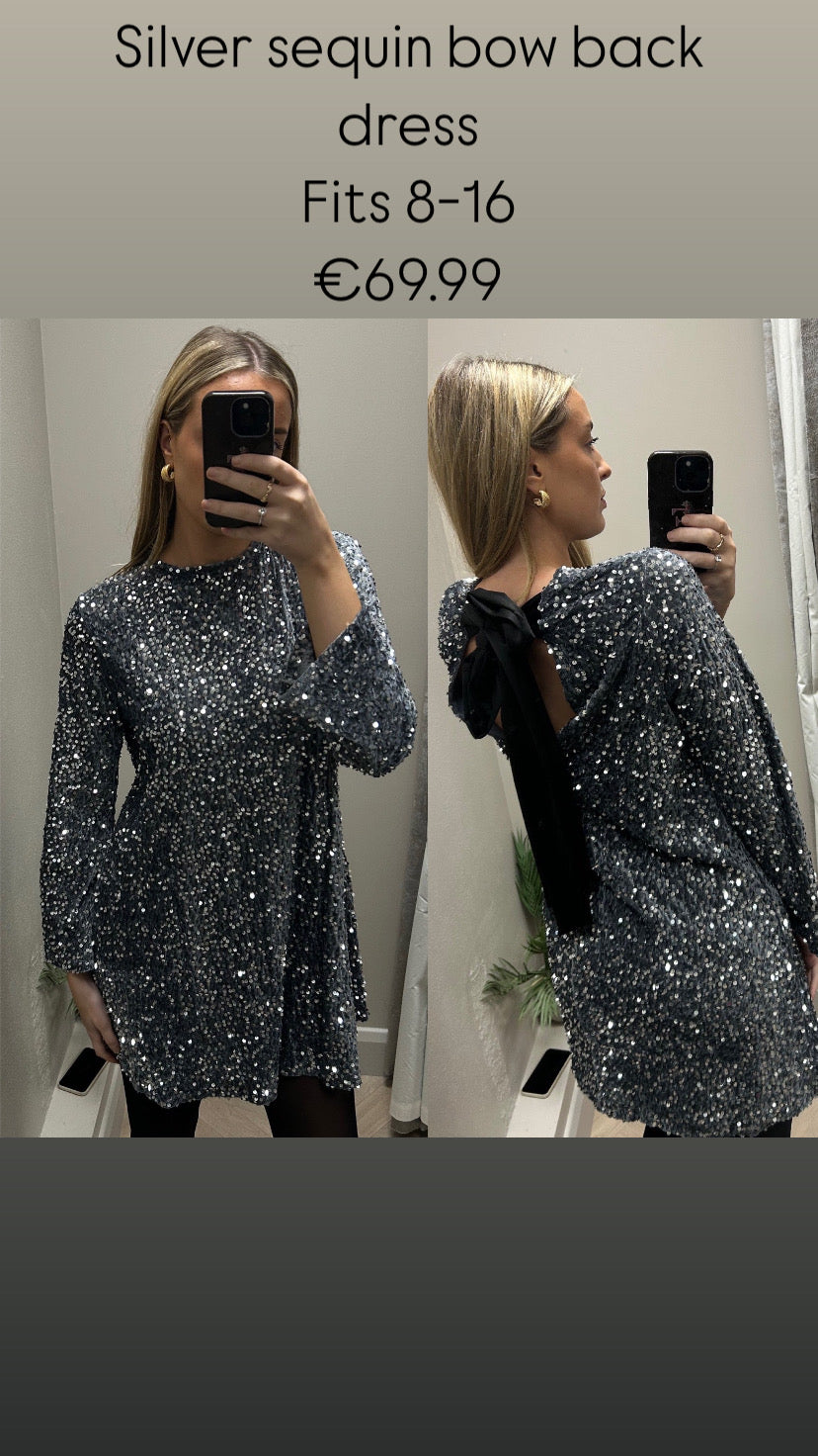 Silver sequin bow back dress