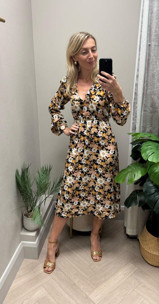 Cinch black floral print dress