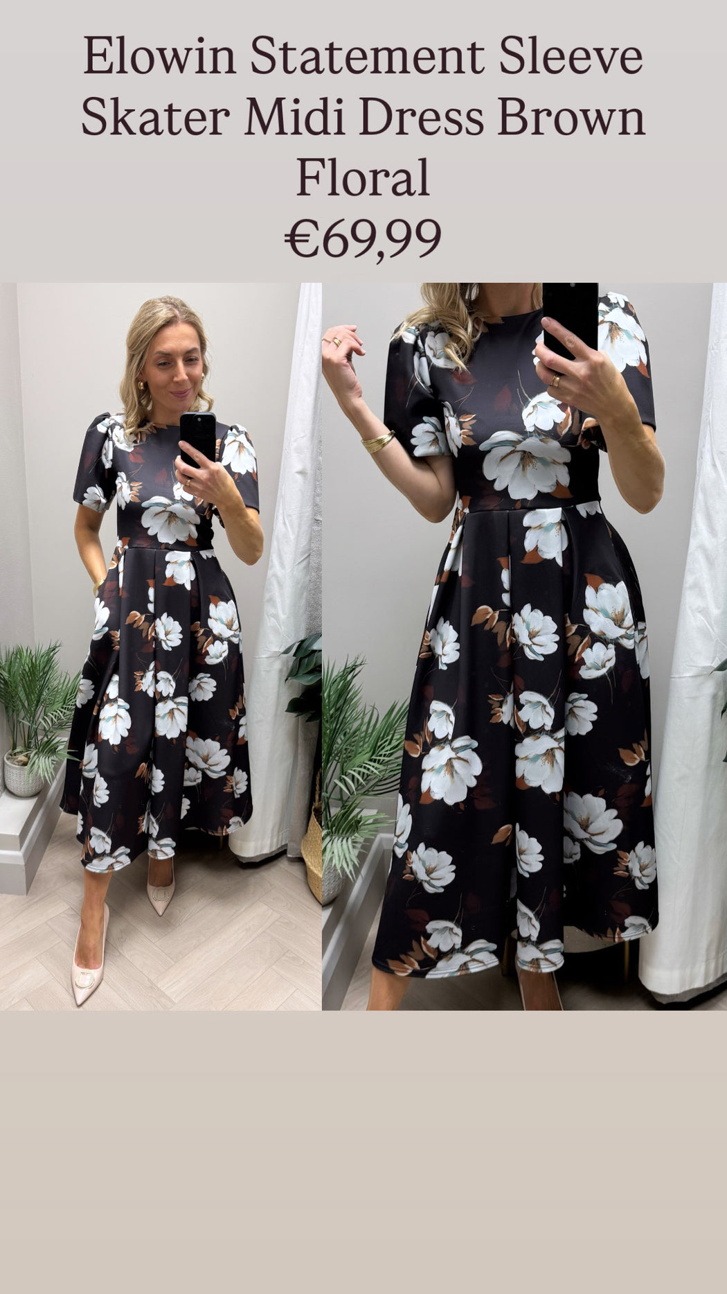 Elowin Statement Sleeve Skater Midi Dress Brown Floral