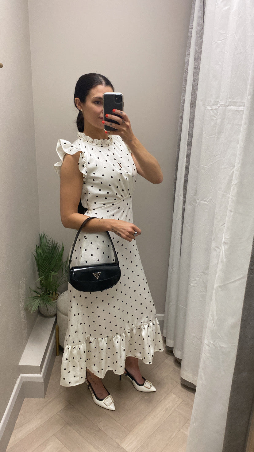 Polka Dot Satin Midi Dress - Cream