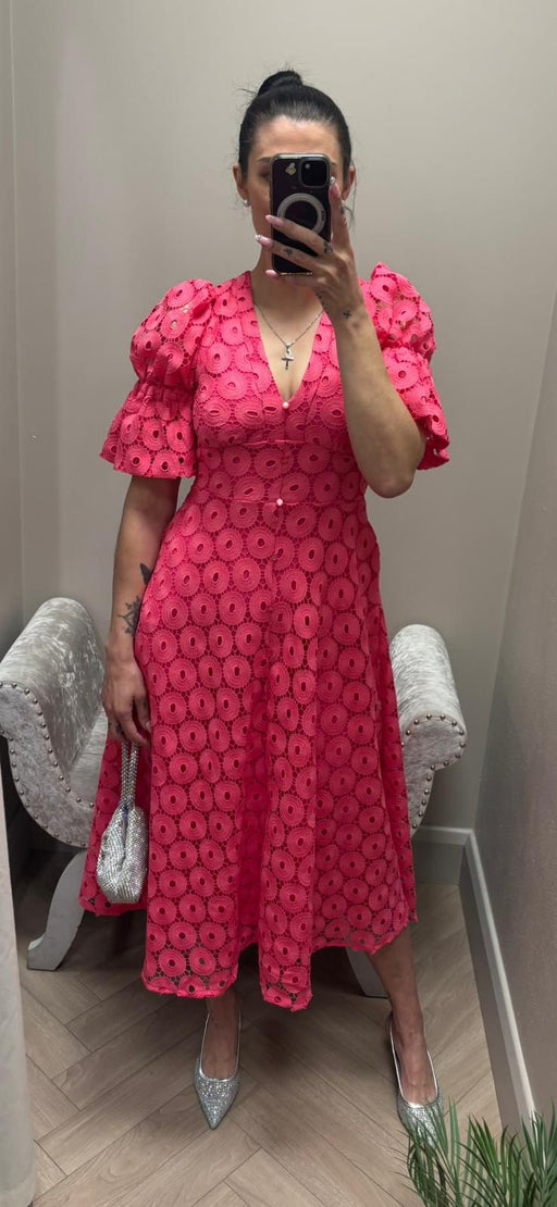 CALLIE PUFF SLEEVE FUSCHIA PINK LACE DRESS