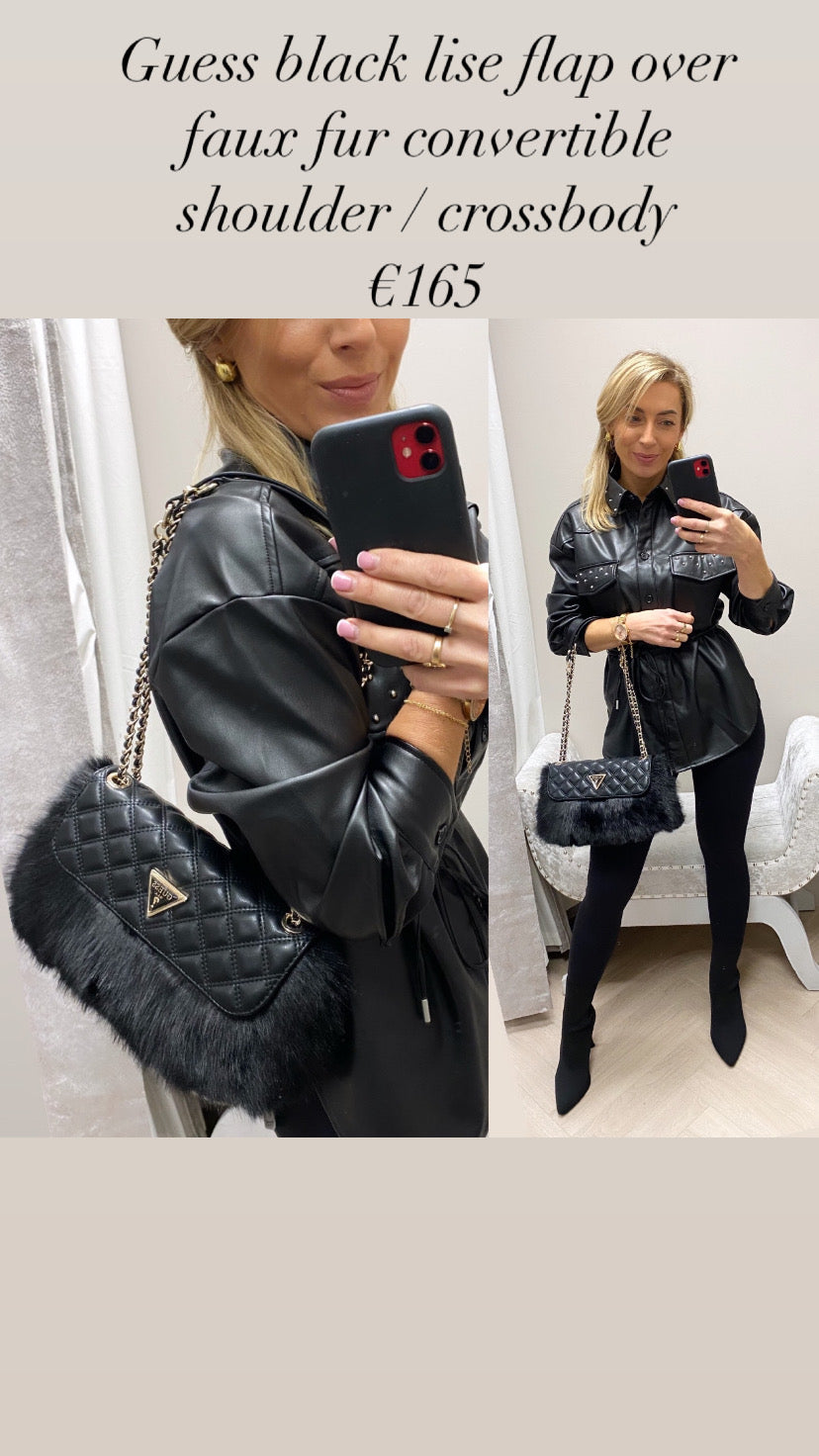 Guess black lise flap over faux fur convertible shoulder / crossbody