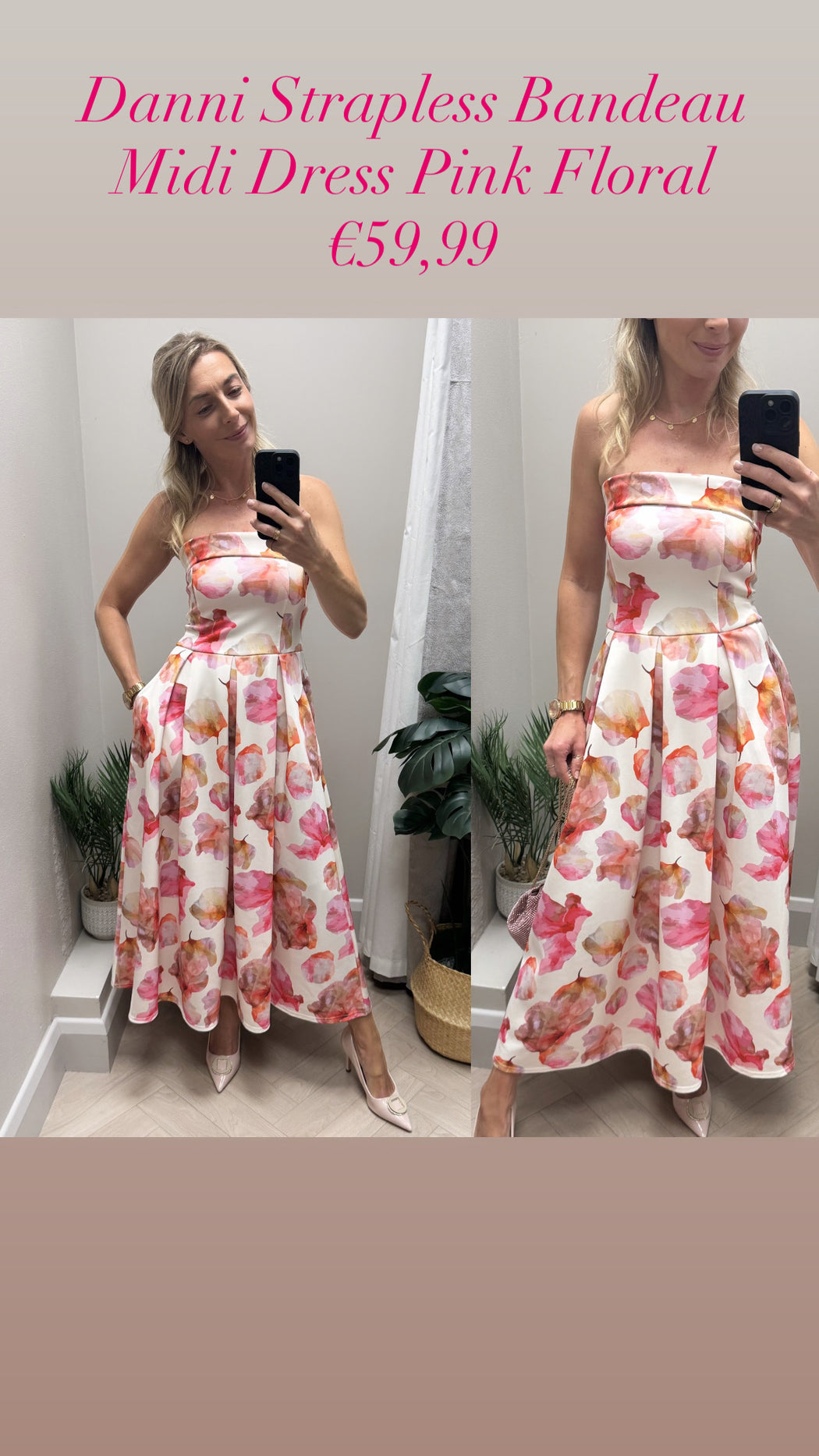 Danni Strapless Bandeau Midi Dress Pink Floral