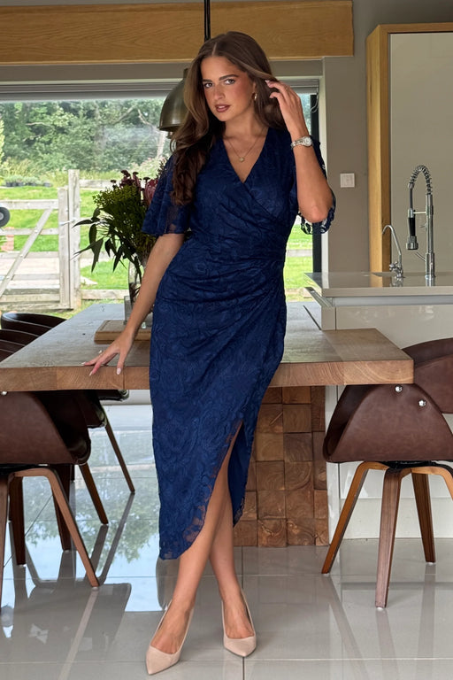 Natasha Angel Sleeve Wrap Midi Dress In Navy Lace