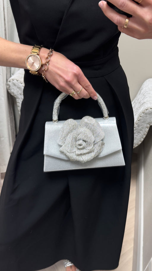 Rhinestone rose flower silver bag