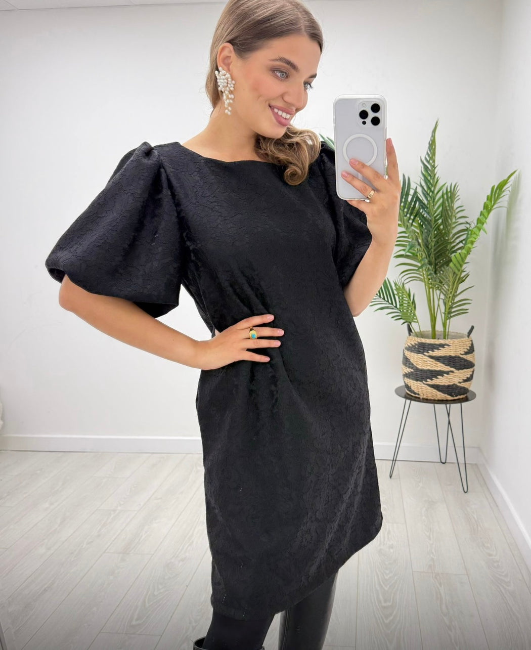 Breda black puff sleeve lace dress
