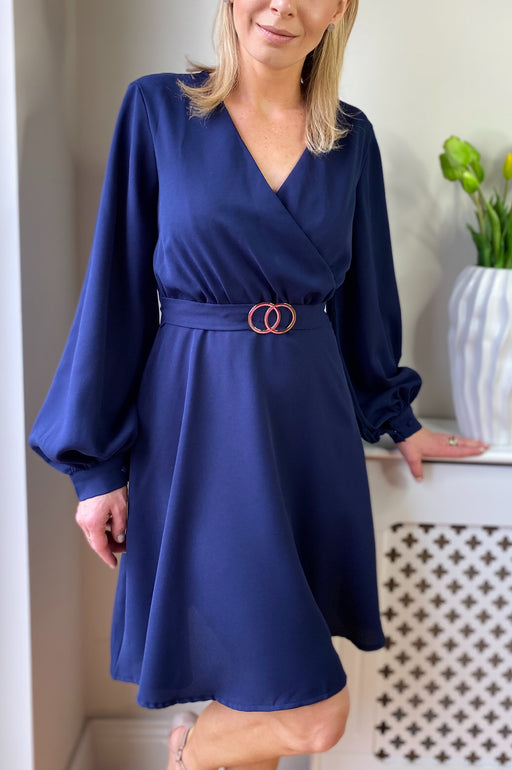 Floretta Navy Long Sleeve Buckle Skater Dress