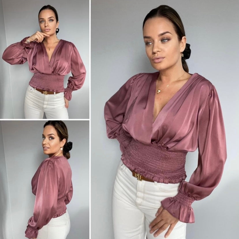 V2970 blush pink satin top