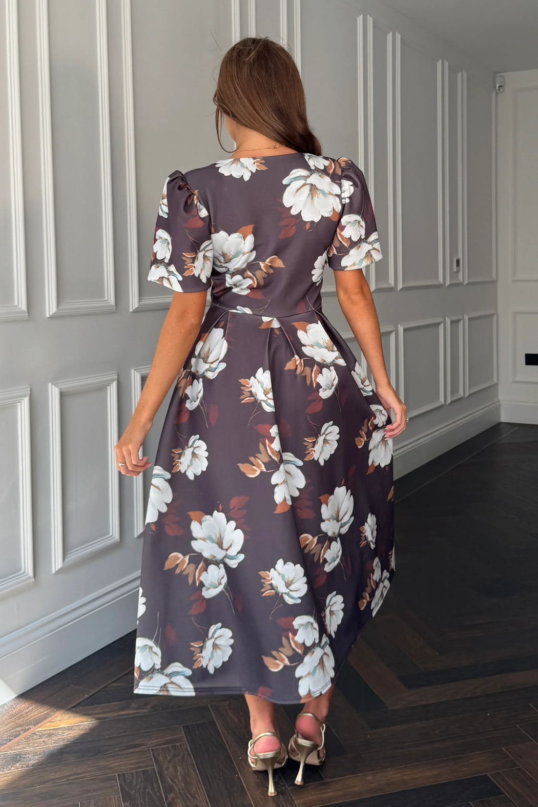 Elowin Statement Sleeve Skater Midi Dress Brown Floral