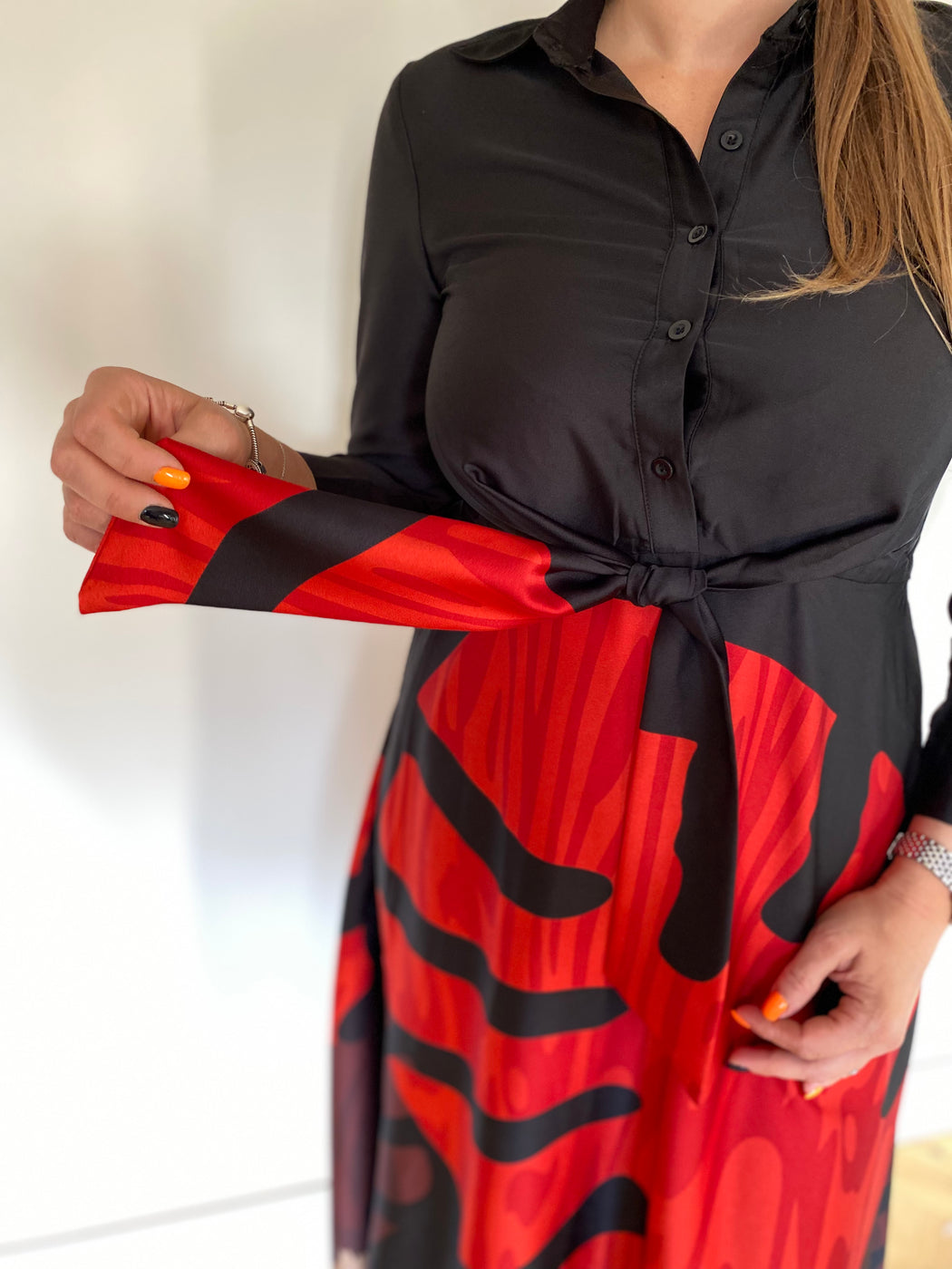 Isabella Red Leaf Tie Front Shirt Dress