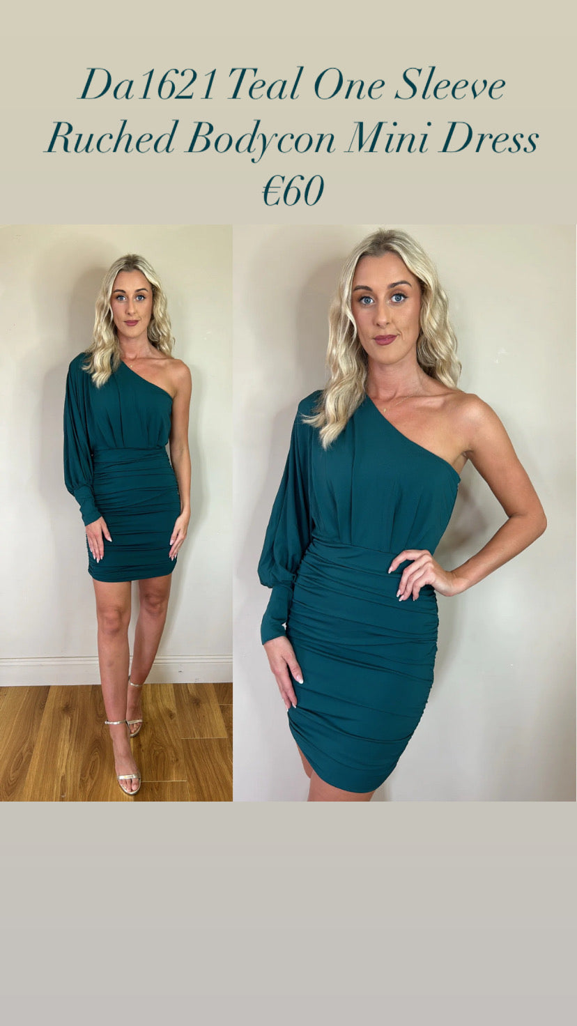 Da1621 Teal One Sleeve Ruched Bodycon Mini Dress