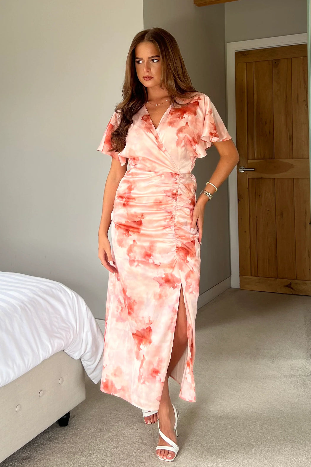 Priscilla Wrap Over Ruched Detail Midi Dress Pink Marble