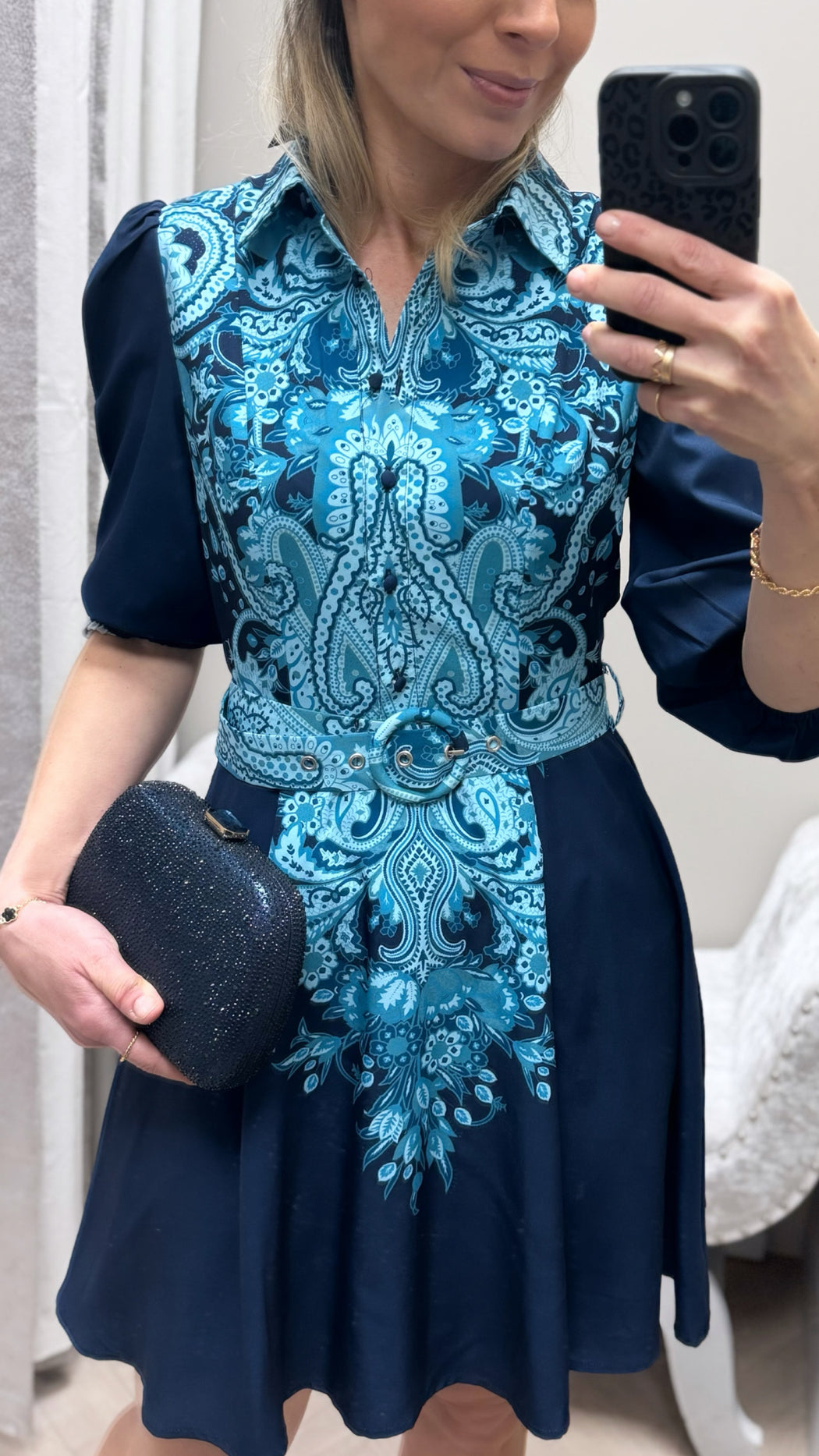 Holland Paisley Print Collar Mini Dress Navy