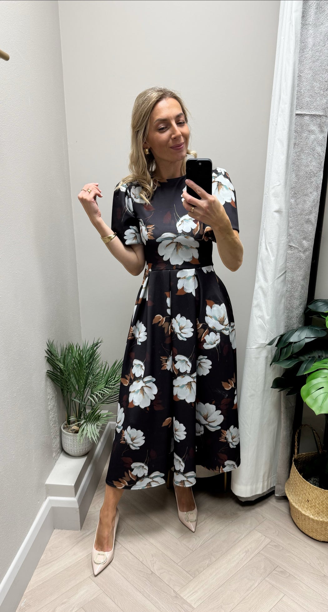 Elowin Statement Sleeve Skater Midi Dress Brown Floral