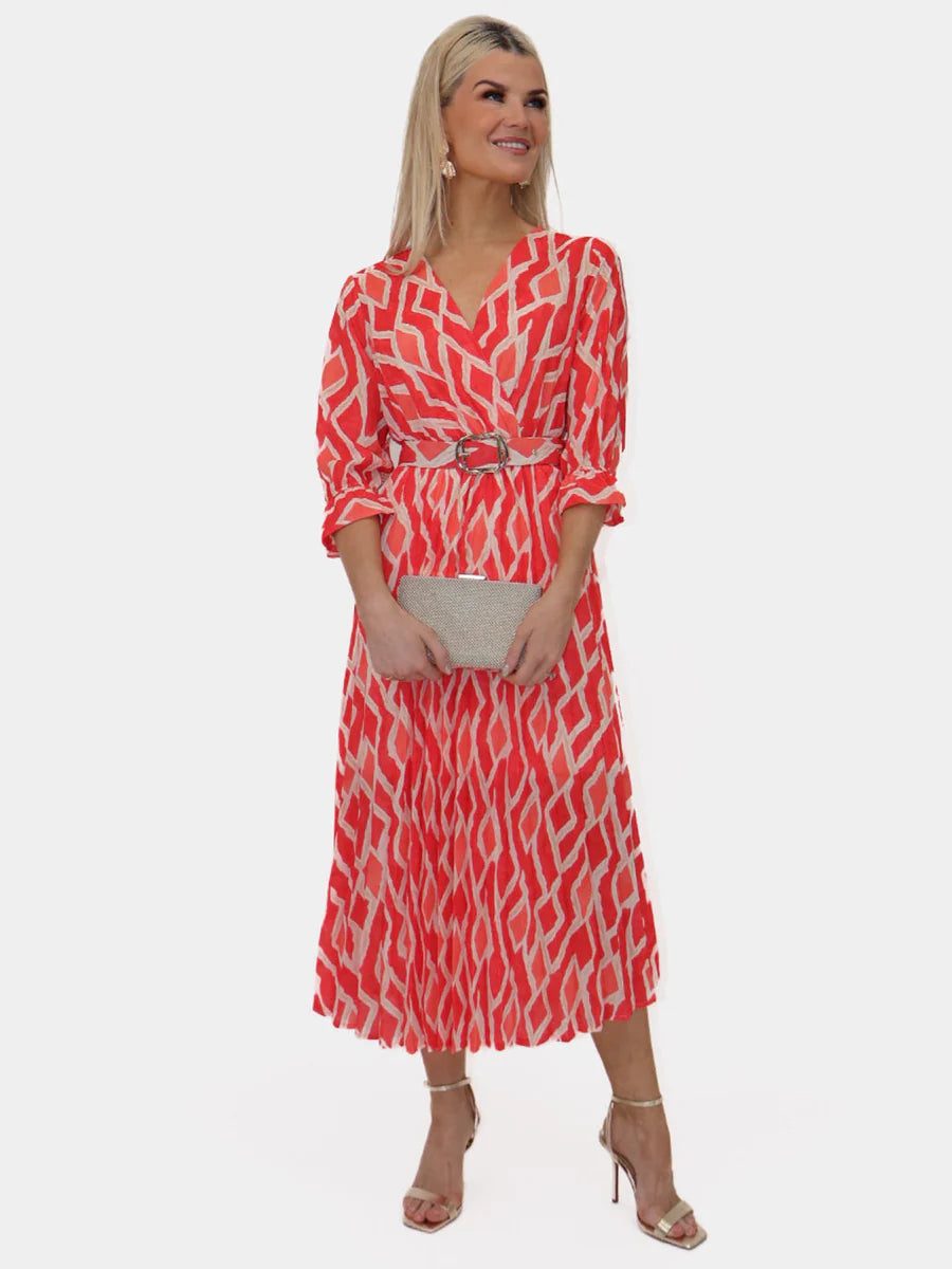 CORAL PRINT POSITANO MIDI DRESS