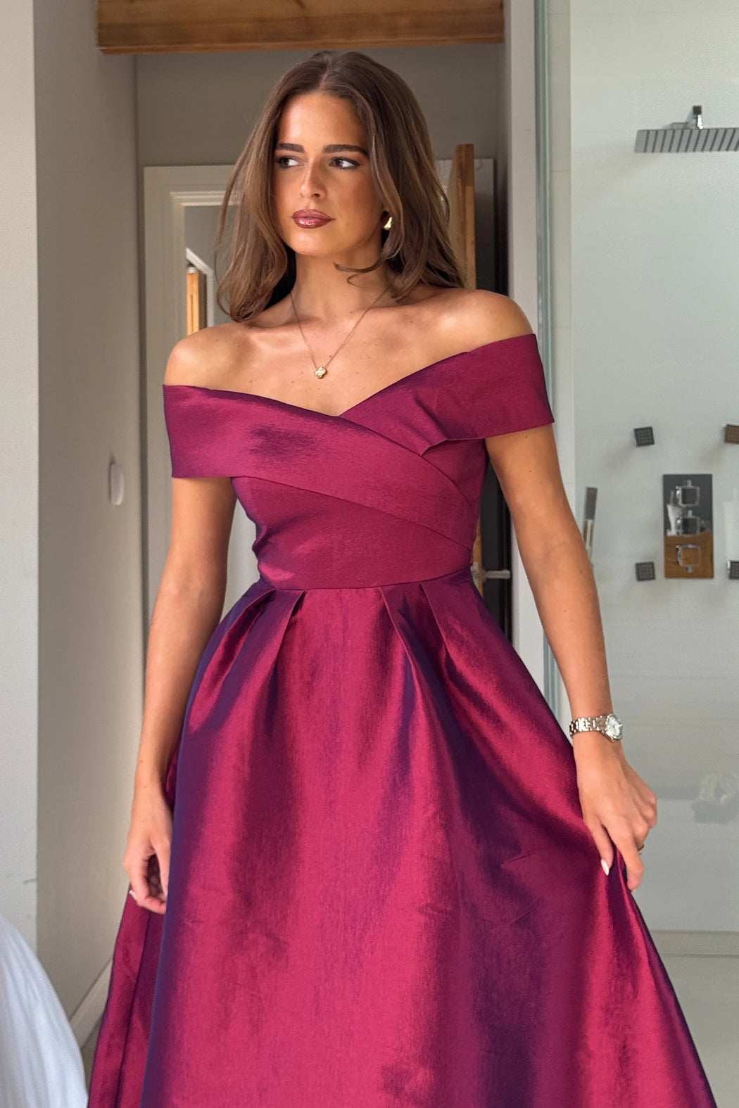 Daphne Off The Shoulder Skater Midi Dress Plum