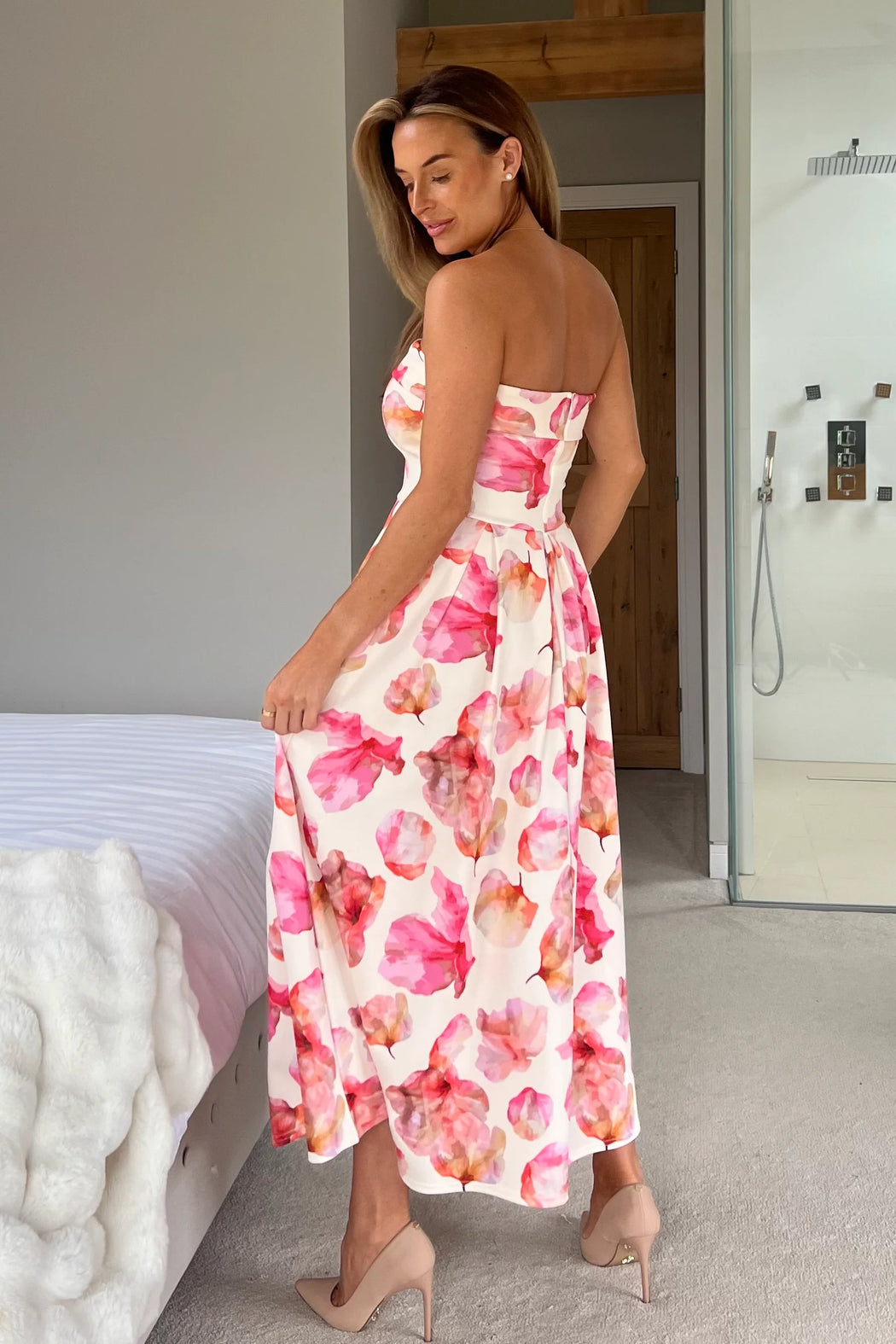 Danni Strapless Bandeau Midi Dress Pink Floral