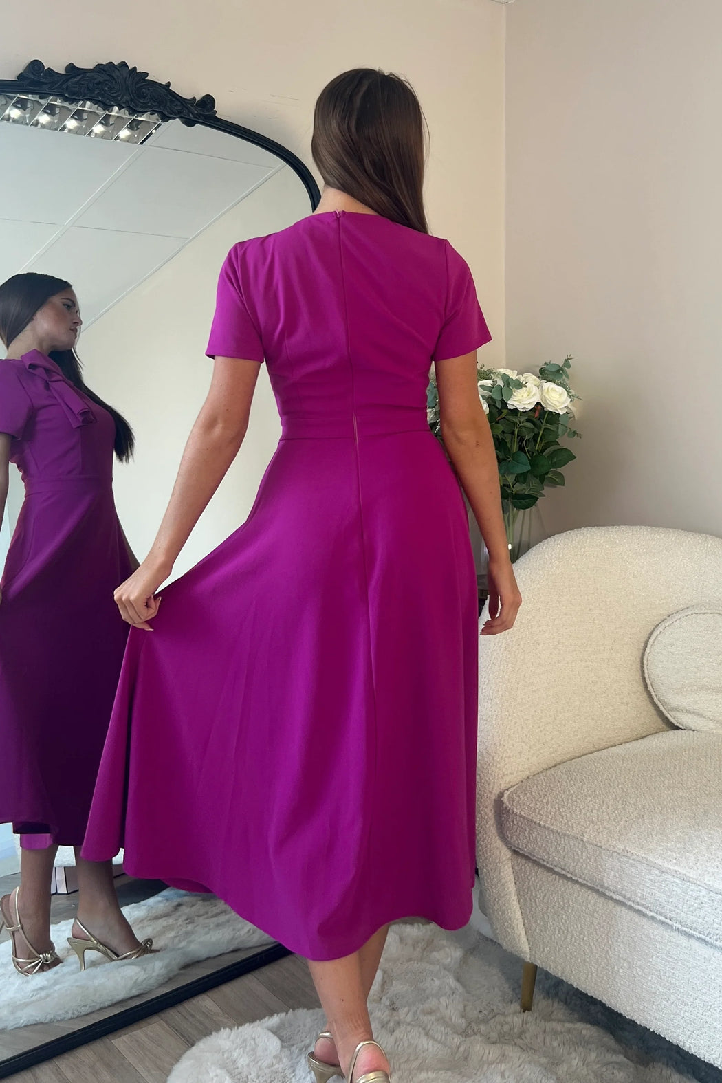 Minta Bow Detail Short Sleeve Midi Dress Orchid