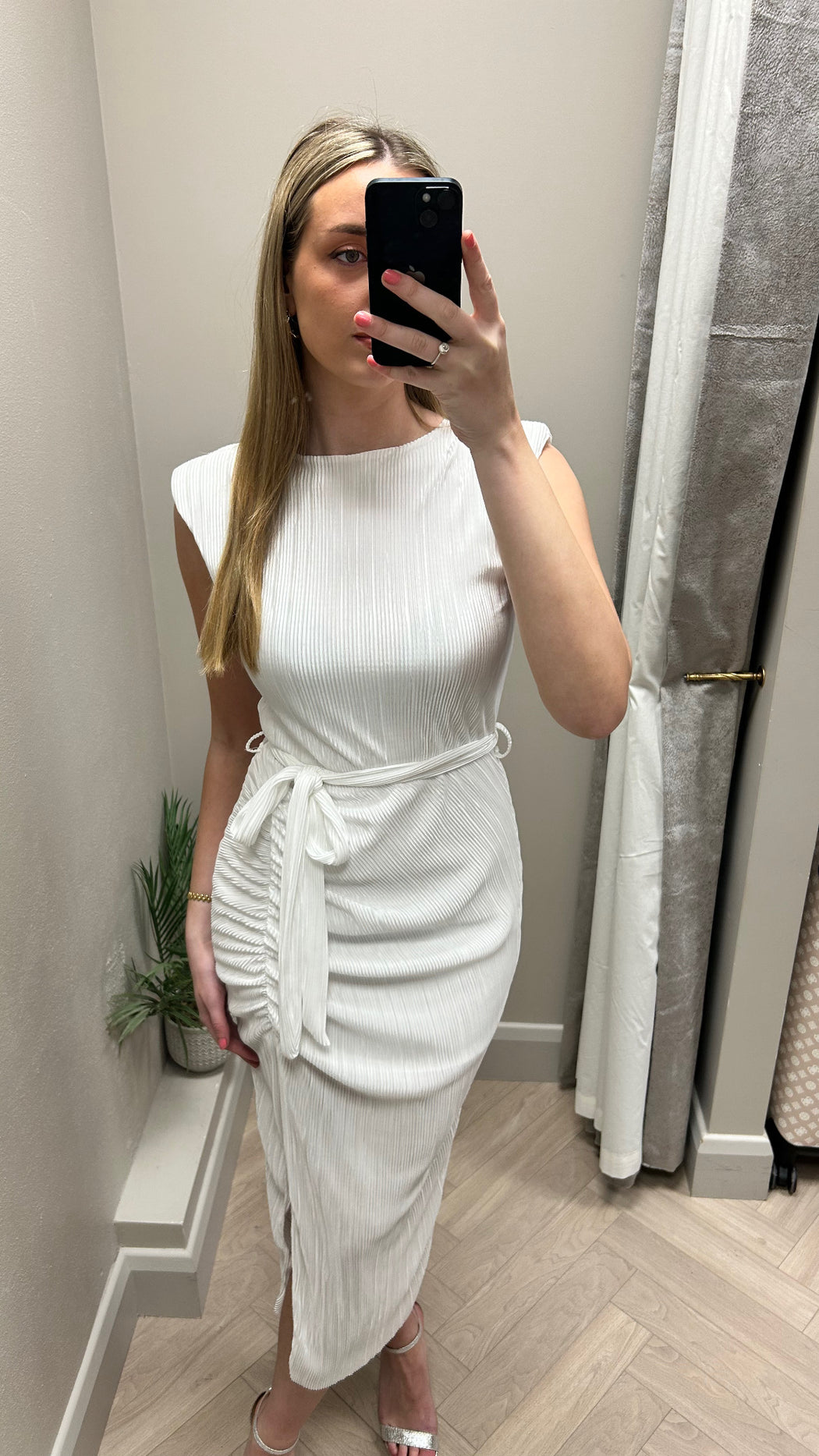 Elena white Ruched Seamed Midi Dress Baby