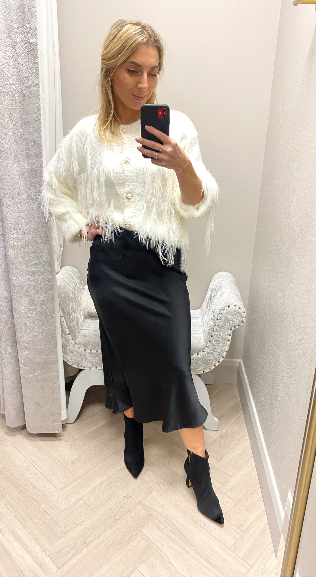 Zora black satin midi skirt