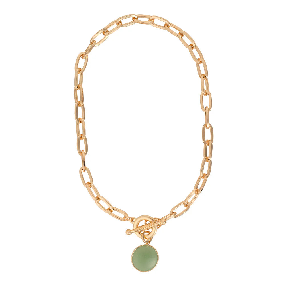 R413ncb CHUNKY PAPER CLIP CHAIN & green DROP NECKLACE