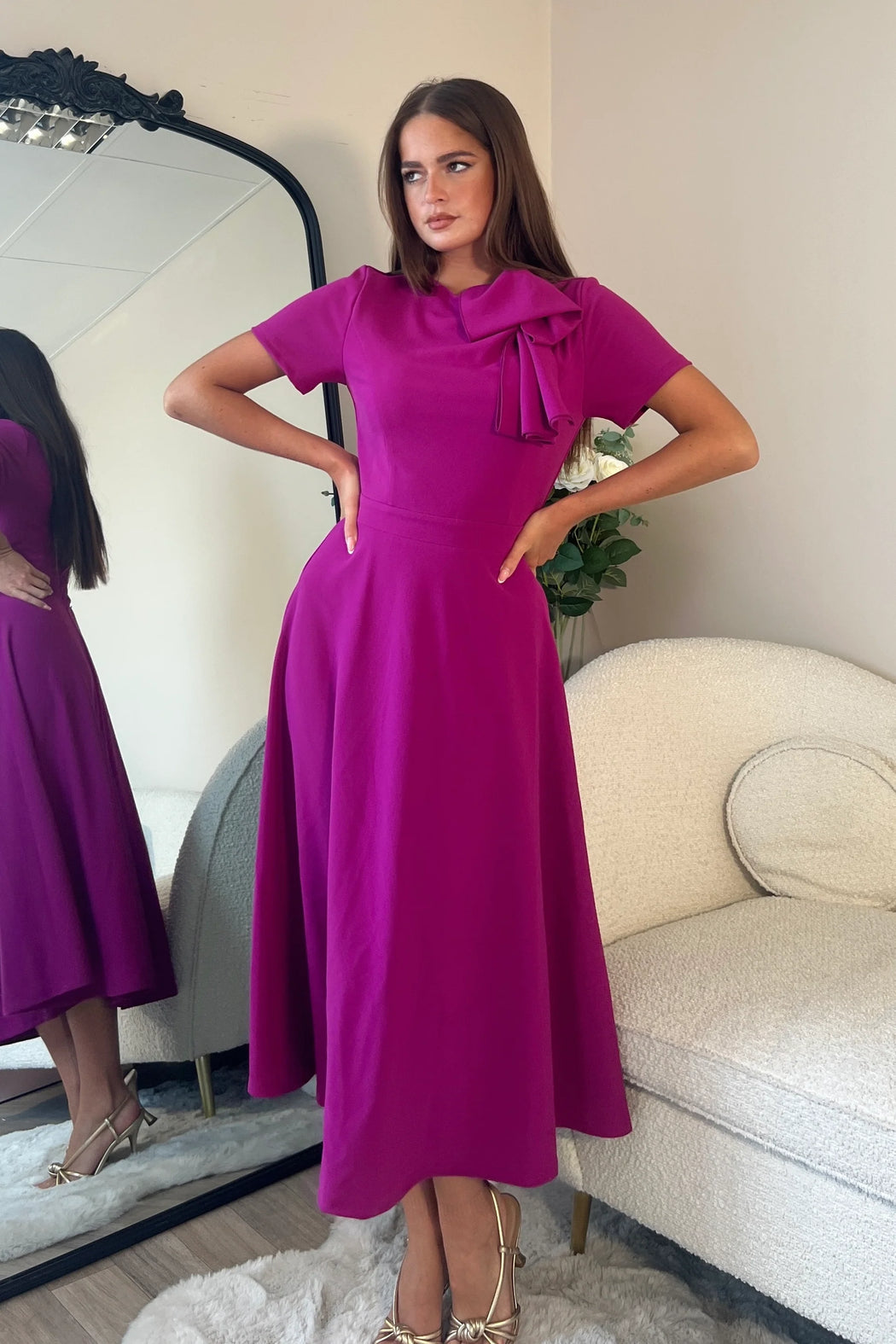 Minta Bow Detail Short Sleeve Midi Dress Orchid