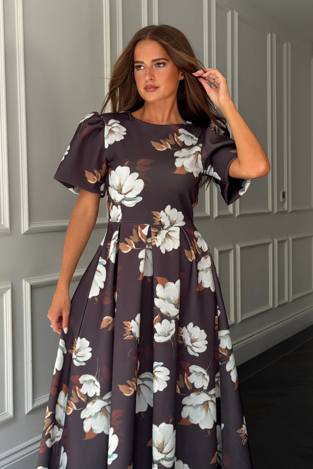 Elowin Statement Sleeve Skater Midi Dress Brown Floral