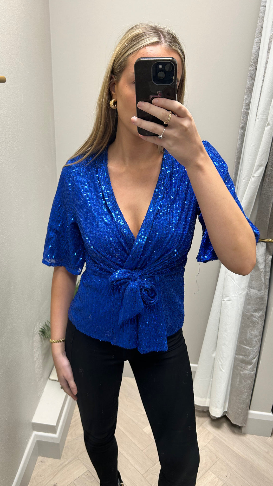 Brooke Cobalt Sequin Wrap Detail Top