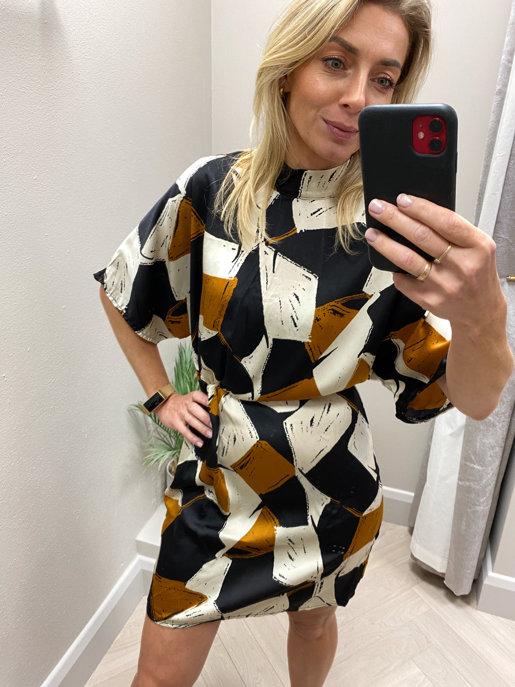 Da1861 Multi Geometric Print High Neck Mini Dress